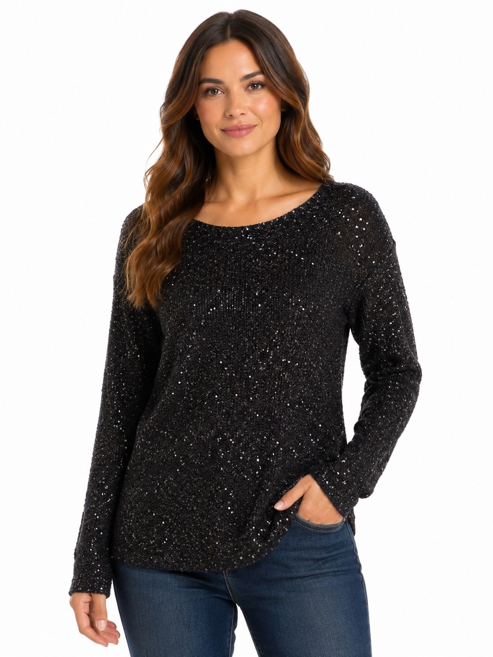 Jennifer Lopez Black Sequin Scoop Neck Sweater